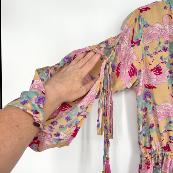 NWT Raga Pink Bird Floral Print Cold Shoulder Mini Dress Sz XS Ties Tassels Boho - Picture 8 of 15